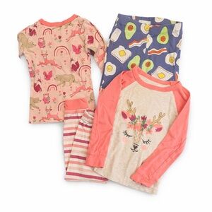 Girls Coral Floral Deer & Patterned 4-Piece Pajama Set